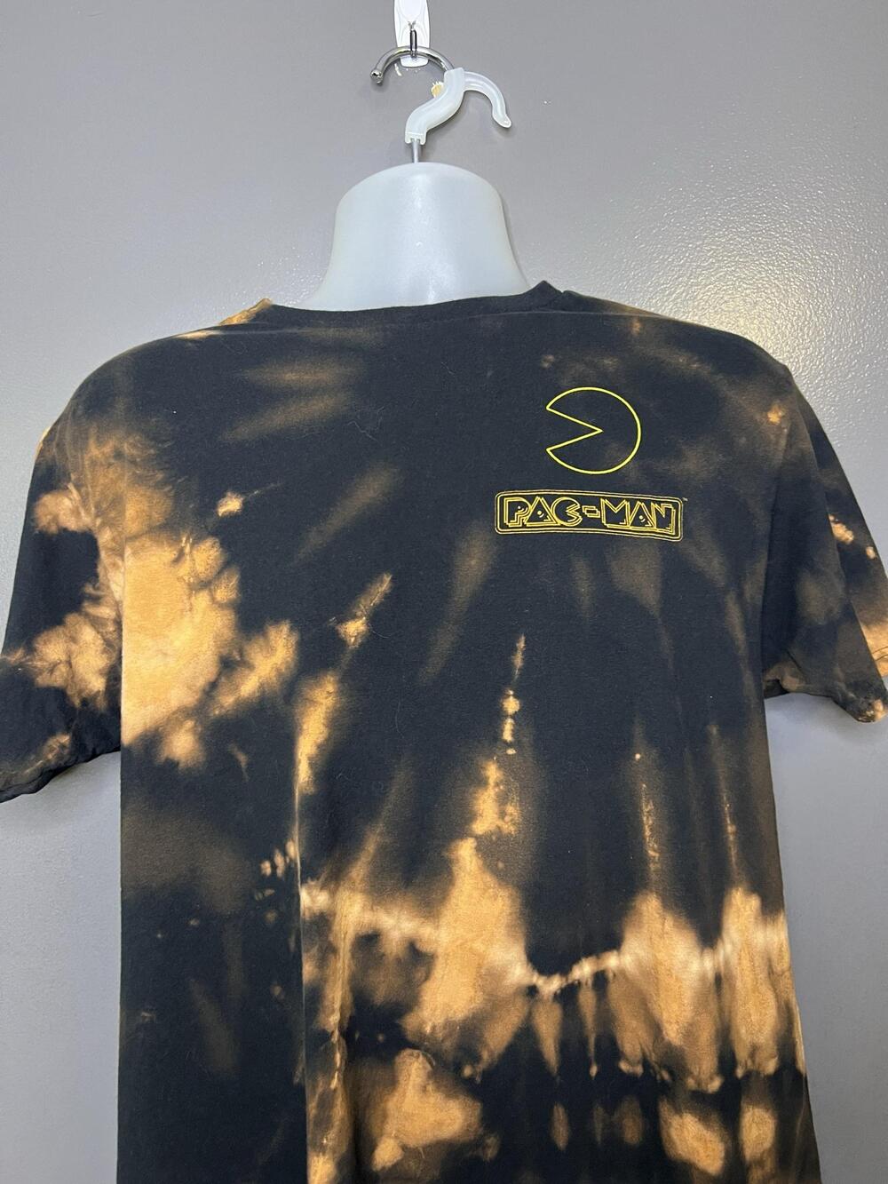 PAC-MAN Shirt Mens Large Black Bleach Tie Dye Neon Ghosts Graphic Tee Video Game